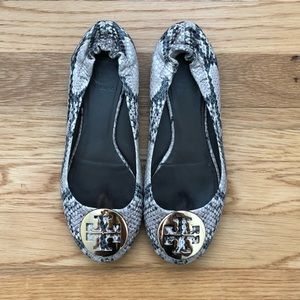 Tory Burch Snakeskin Print Ballet with Logo